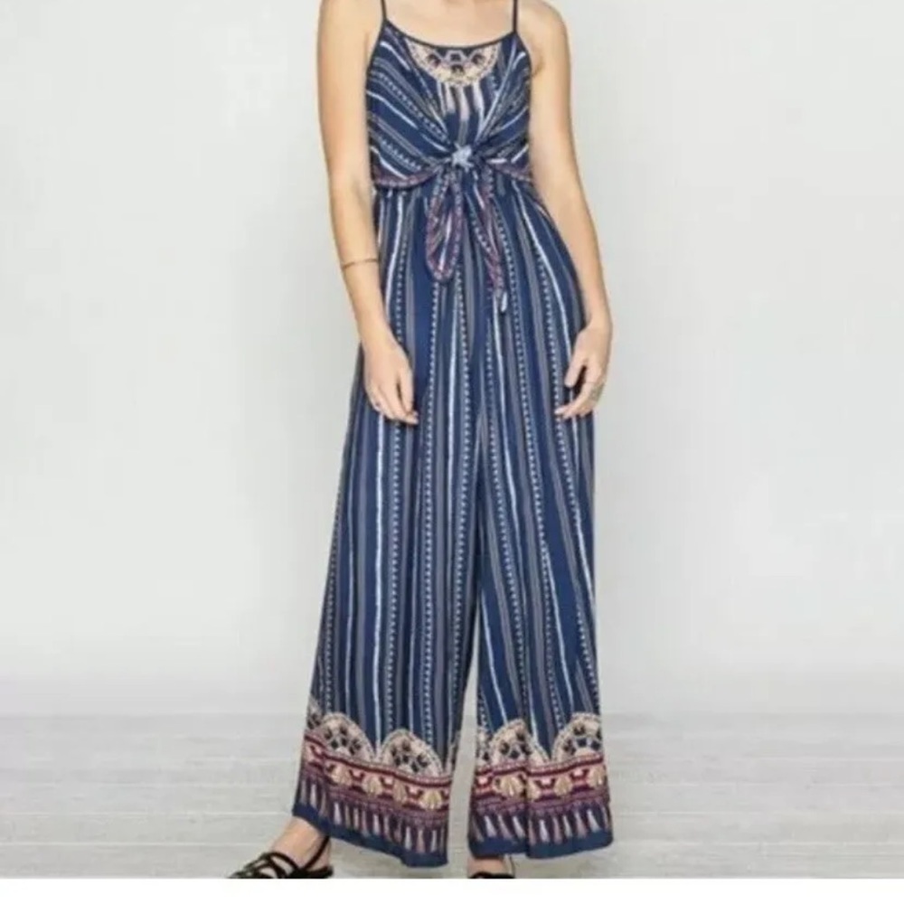 Flying Tomato Boho Rayon‎ blue striped print lightweight jumpsuit Sz S smocked